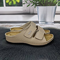 Шльопанці жіночі Inblu бежеві шкіряні на липучках на широку ногу 4461, фото 3