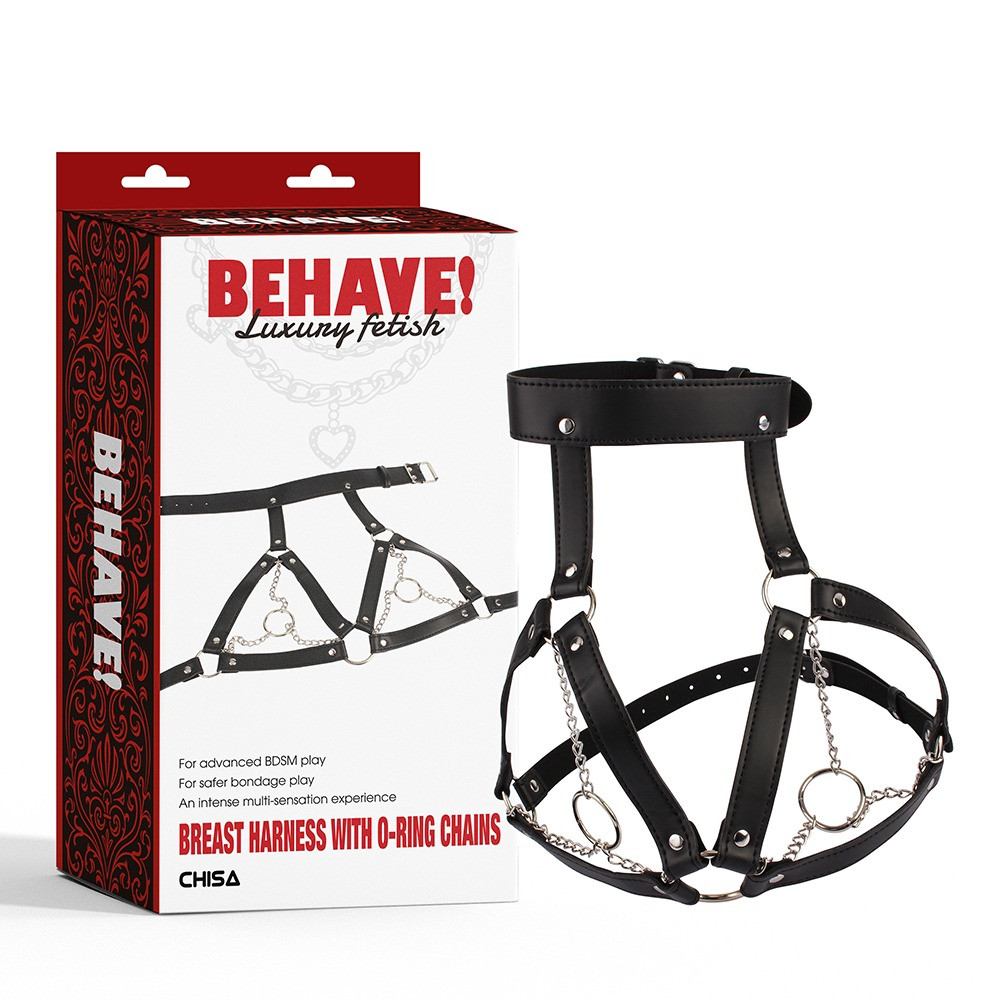 Портупея на груди з ланцюжками та декоративними кільцями на соскі Chisa BEHAVE! Luxury Fetish чорна