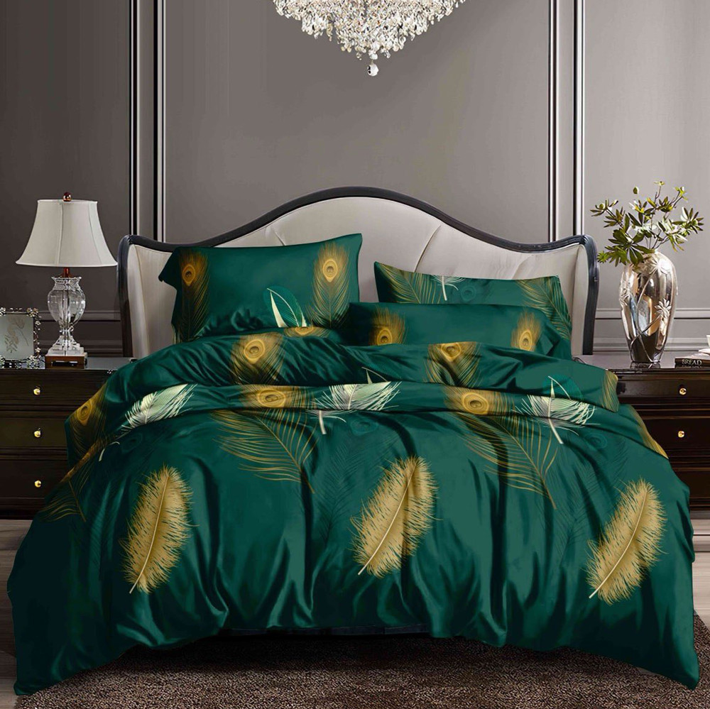 Тканина для постільної білизни зеленого кольору з принтом «пір'я» Поліестер 75 PL-BX-167 (60 м)