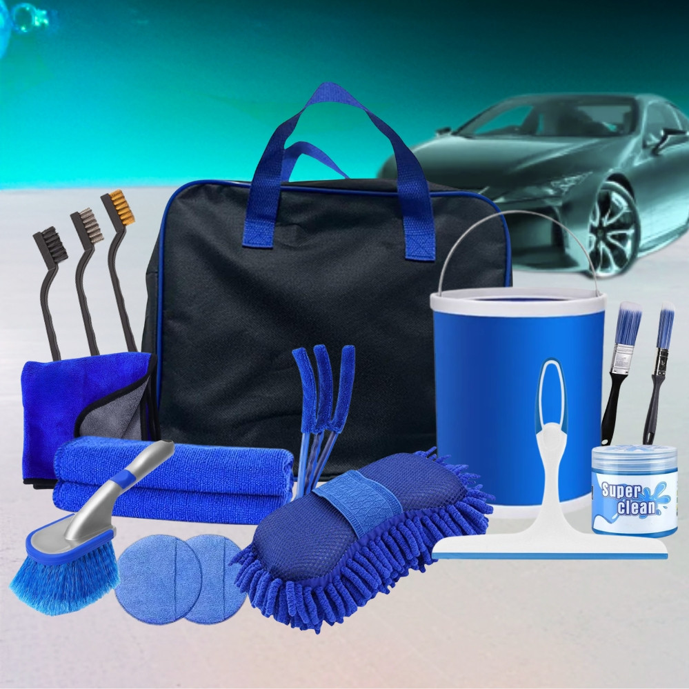 Комплект по догляду за автомобілем 16 предметів зі складним відром та сумкою Набір для чищення та миття авто, фото 1
