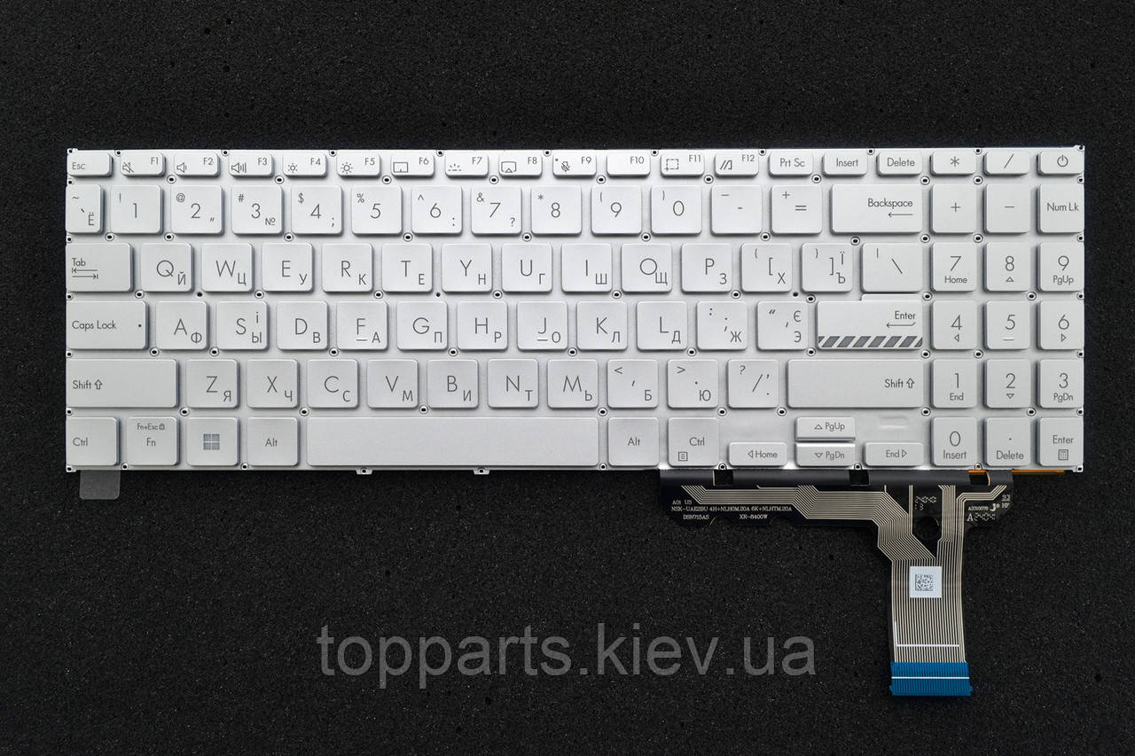 Клавіатура для ноутбуків Asus VivoBook 15X K3504, M3504, S3504, 16X K3604, K3605, Go E1504 срібля без рамки, з підсвіткою UA/RU/US