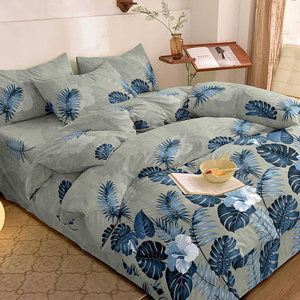 Тканина сірого кольору для постільної білизни з принтом листочки Поліестер 75 PL-BX-157 (60м), фото 1