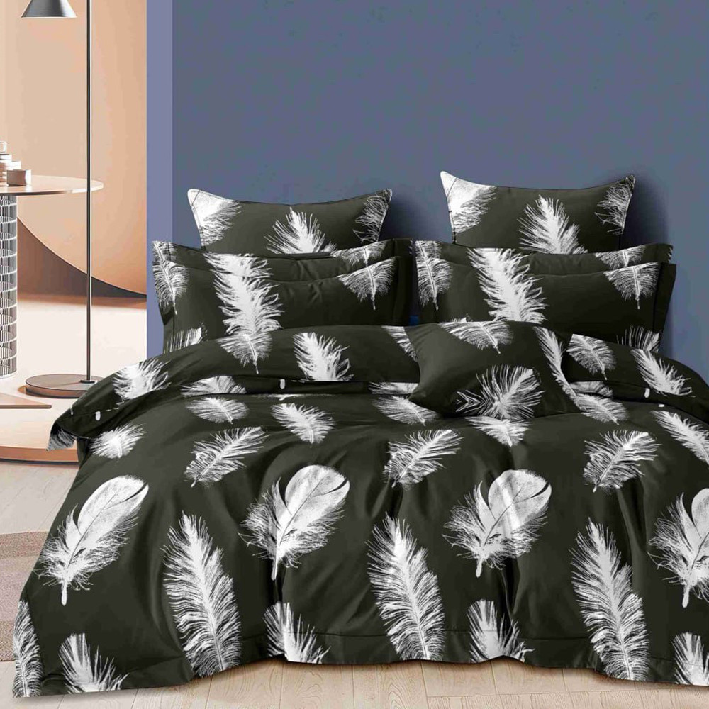 Тканина для постільної білизни зеленого кольору з принтом «пір'я» Поліестер 75 PL-BX-158 (60м)