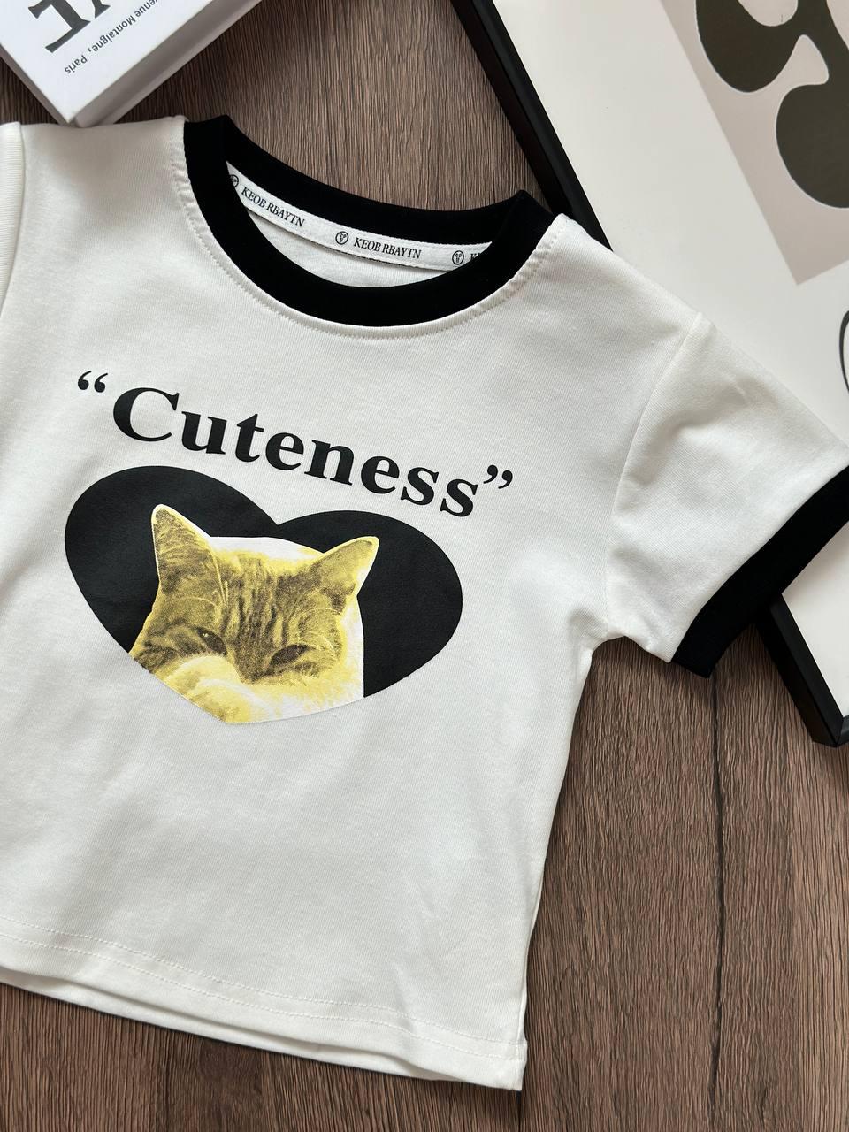 Футболка на дівчинку з написом "Cuteness" та принтом котика Білий 6287, 7, Білий, Для дівчаток, Літо, 104, фото 1