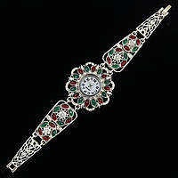 Женские часы винтажные кварцевые металл в серебристом цвете с красными и зелёными камушками длина 19 см