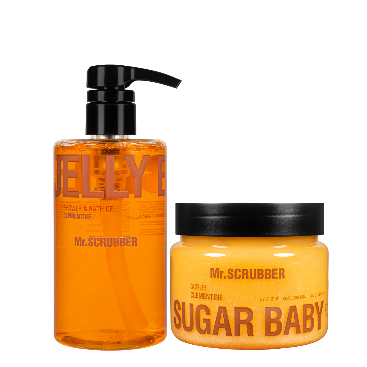 Набір для догляду за тілом Mr. Scrubber - гель для душу Jelly Bubbles Clementine, скраб Sugar Baby Clementine, фото 1