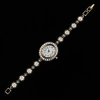 Женские часы винтажные овальные кварцевые в золотистом цвете с белыми и бирюзовыми камушками длина 19 см