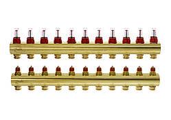 Розподільний колектор Danfoss FHF-F, 11+11 контурів, з ротаметрами, латунь (088U0531)