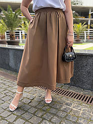 Стильна котонова жіноча спідниця-міді форми "дзвін" з кишенями, батал великі розміри