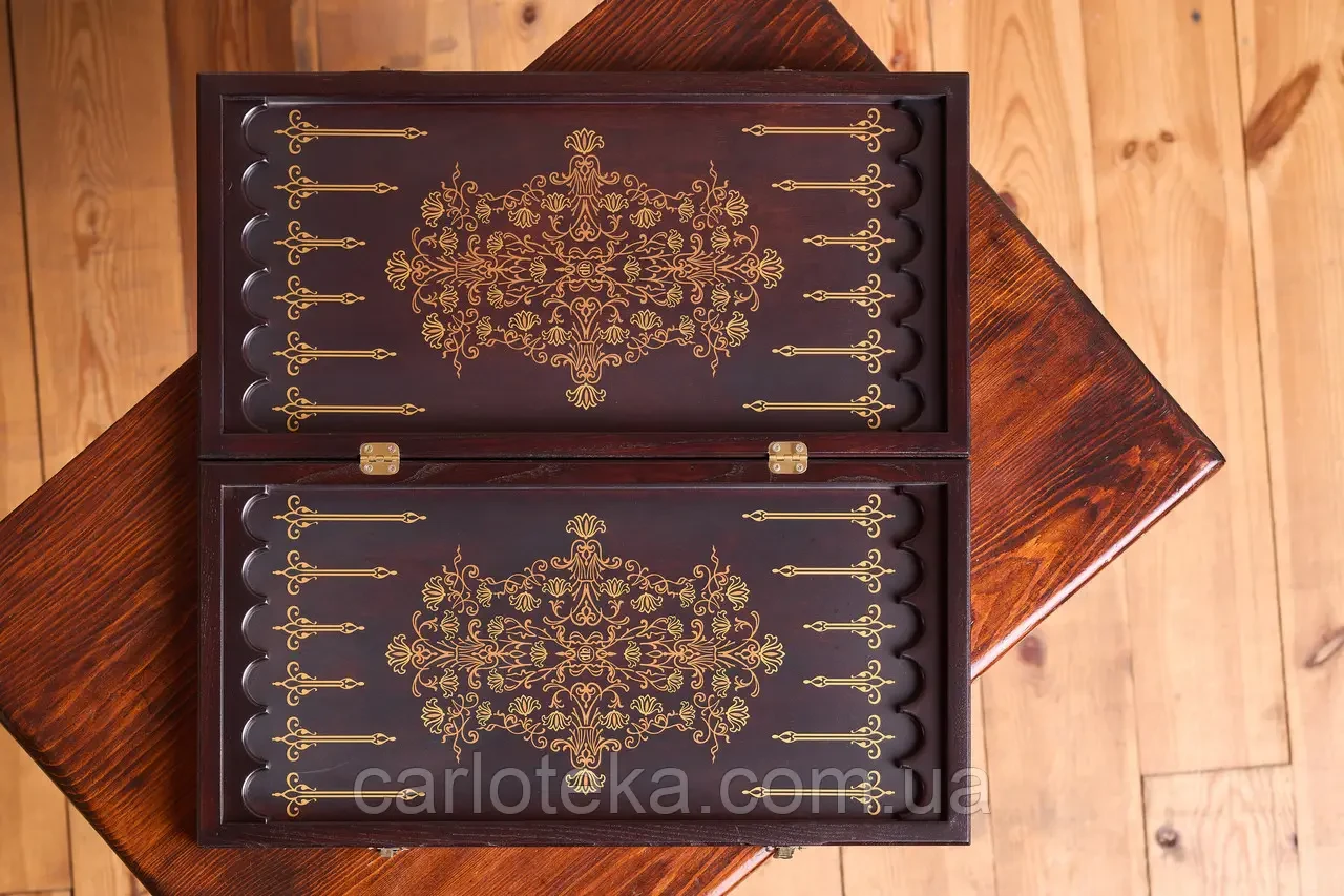Дерев’яні нарди 3в1 із золотою аплікацією, шахи–нарди–шашки, ручна робота Carloteka, фото 1