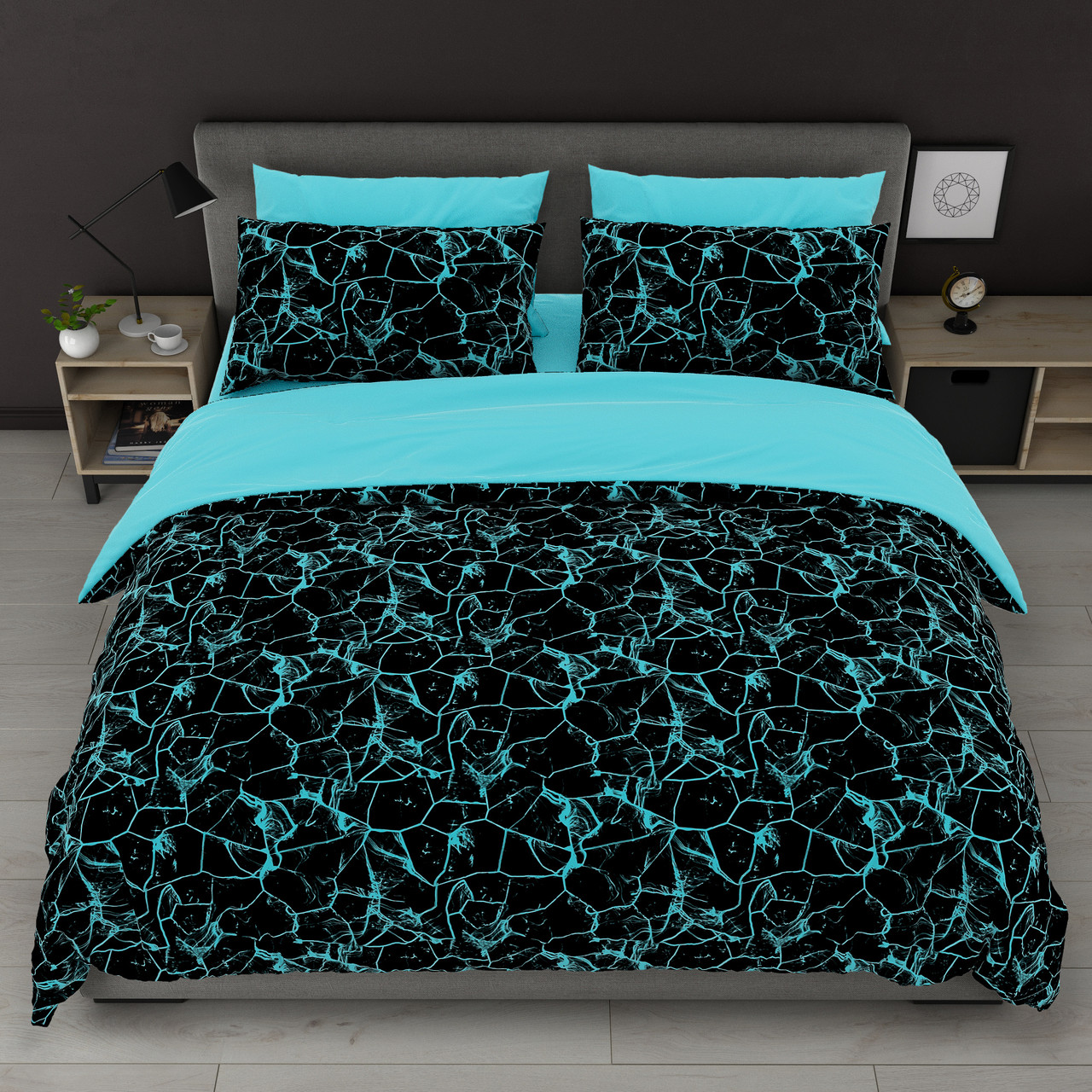 Підковдра на блискавці 145х215 (Бязь) | Полуторна підковдра від виробника "Королева Ночі" | Чорний мармур на бірюзовому, фото 1
