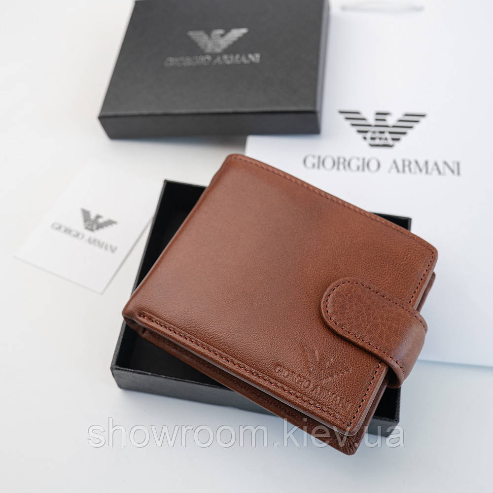Чоловіче шкіряне портмоне на кнопці Armani (2081) brown, фото 1