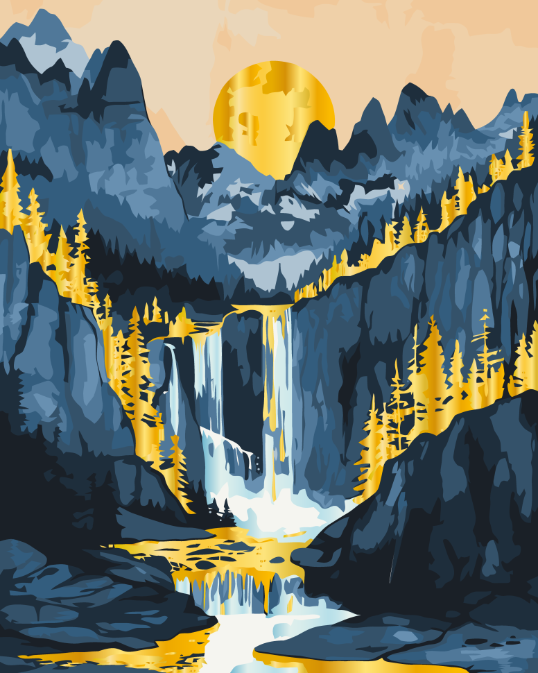 Картина за номерами 40х50 см. Закат в горах "Золотий пейзаж" з фарбами металік AC11076, фото 1