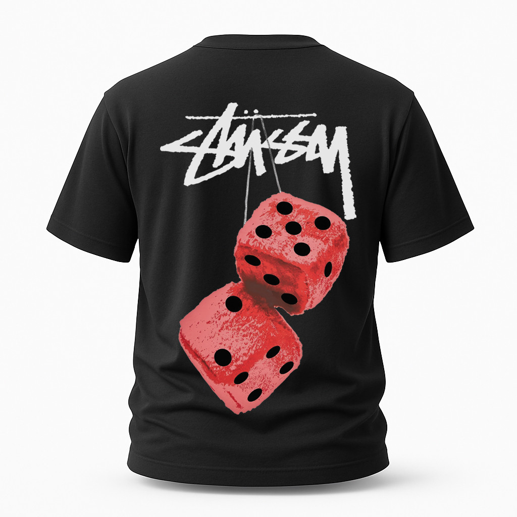 Чоловіча футболка Stussy чорна з принтом червоні кубики – вільний крій, міський стиль, фото 1