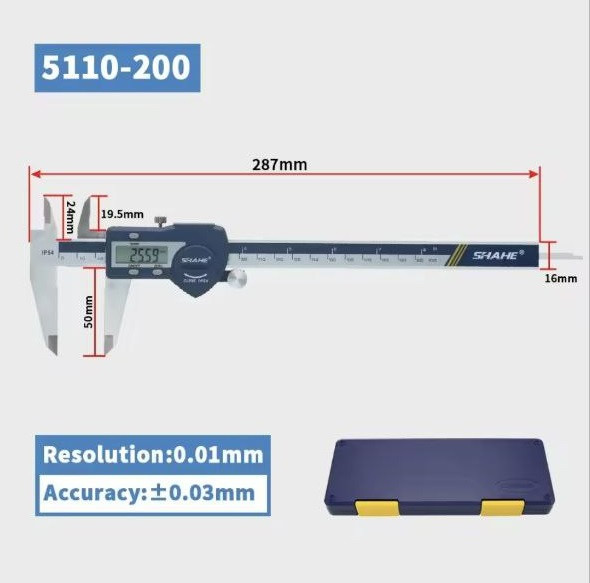 Цифровий штангенциркуль Shahe 5110-200 (0-200 мм/±0.03 мм) з глибиноміром. IP54