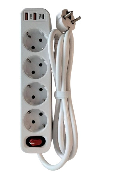 Мережевий фільтр,подовжувач Hoco NS1 НА 2USB 3.0 + Type c 20w + 4 розетки 1.8м White, фото 1