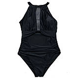 Суцільний купальник жіночий чорний з вставками з сіточки, фото 7