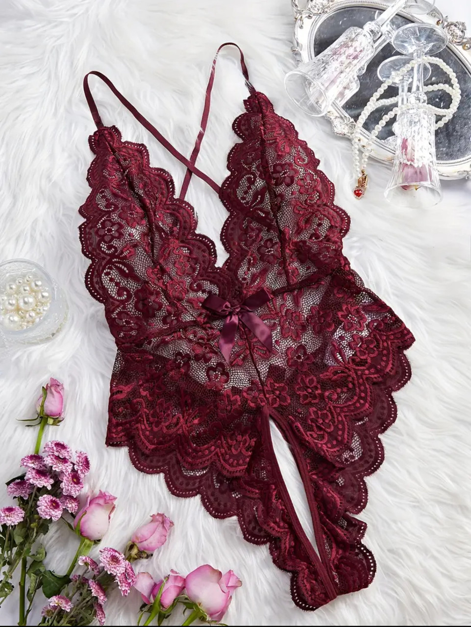 Мереживне боді Plus Size з відкритим доступом (р.XL, вишневий)