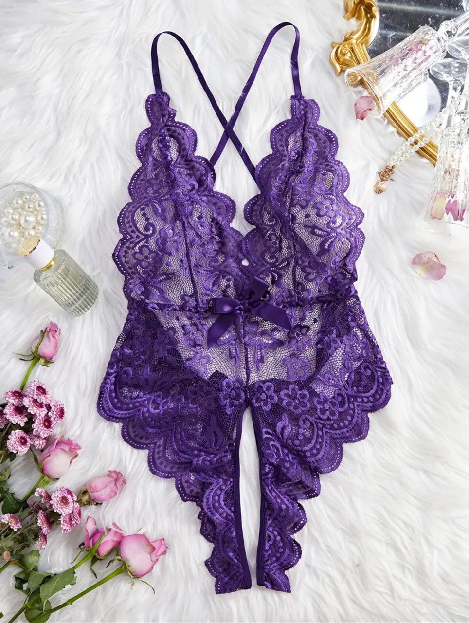 Мереживне боді Plus Size з відкритим доступом (р.M, фіолетовий), фото 1