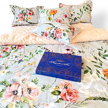 Підковдра на блискавці 145х215 Королева Ночі (Сатин Premium) | Полуторна | Квіти на сіро-блакитному та персиковому