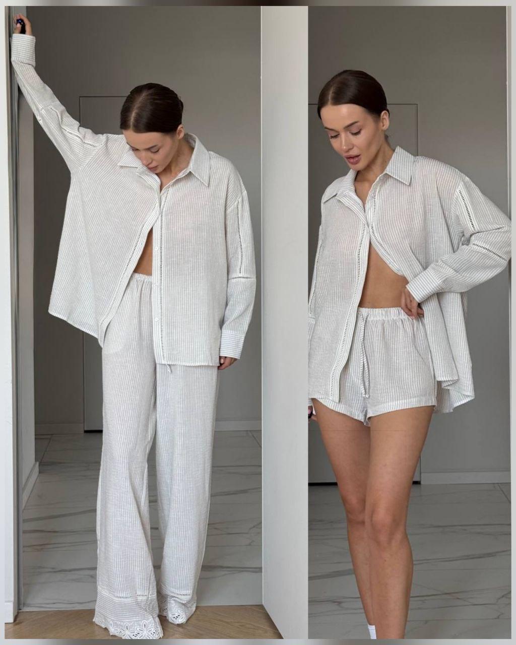 Жіночий домашній костюм-трійка з льону з мереживом — сорочка, шорти та штани, фото 1