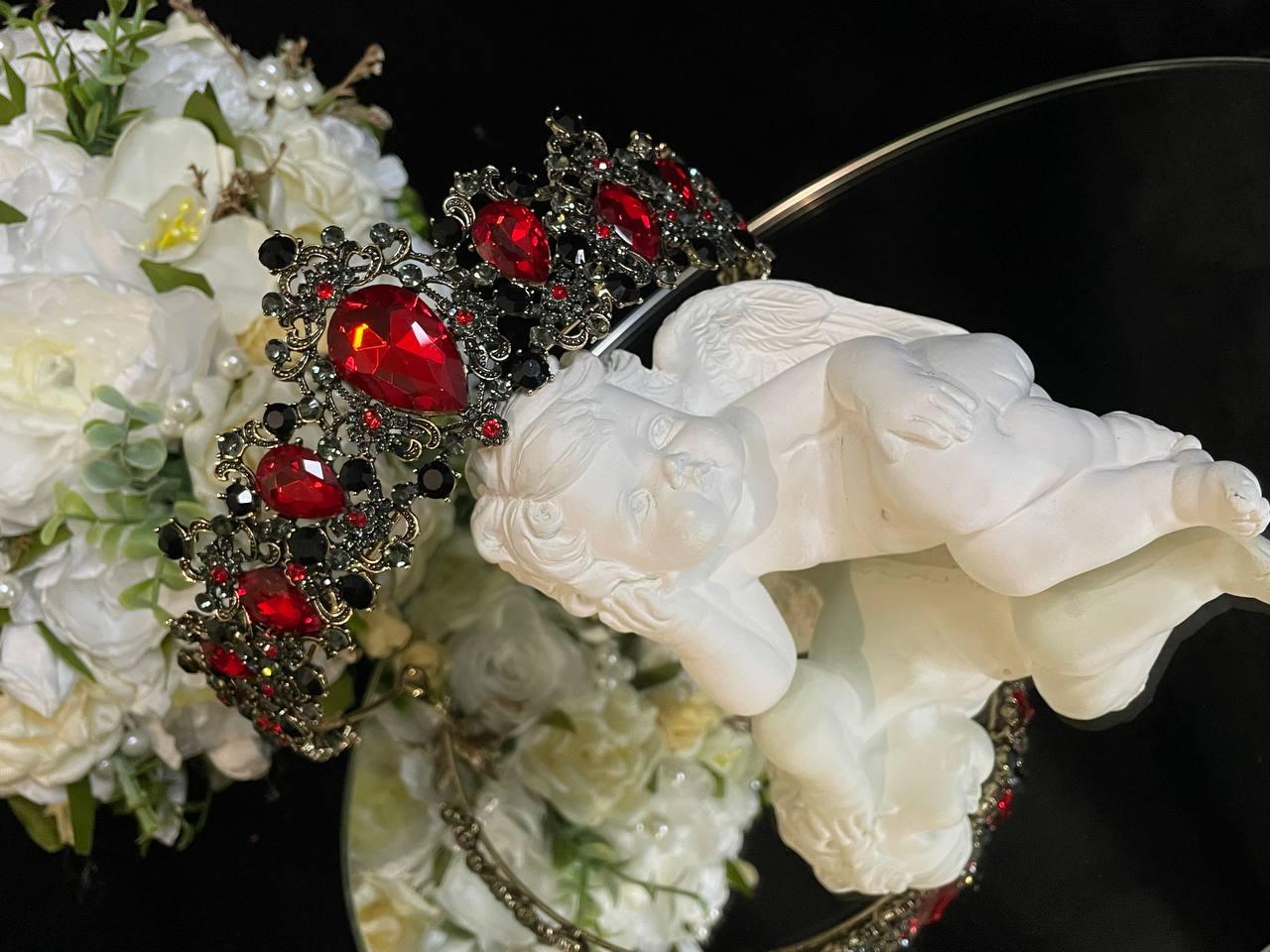 Розкішна діадема з чорно-червоними кристалами Swarovski, фото 1