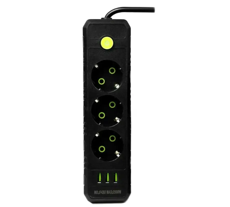 Подовжувач UA Power F43U 3USB на 3 розетки, 6 м, чорний, фото 1