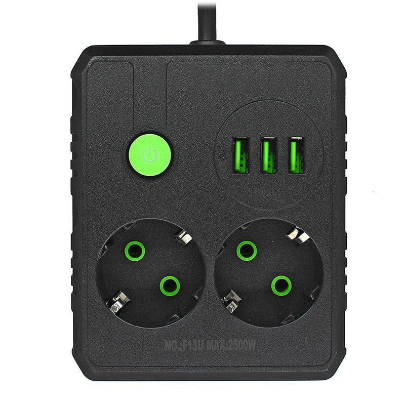 Подовжувач мережевий UA Power F13U, 3USB, 2 розетки, 6 м, чорний, фото 1