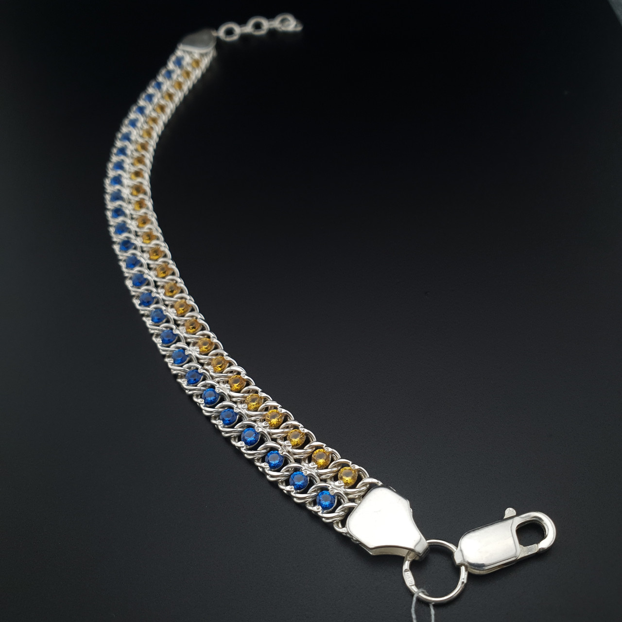 Срібний браслет жіночий з камінчиками жовто-блакитними. Браслет для дівчини з фіанітами, фото 1