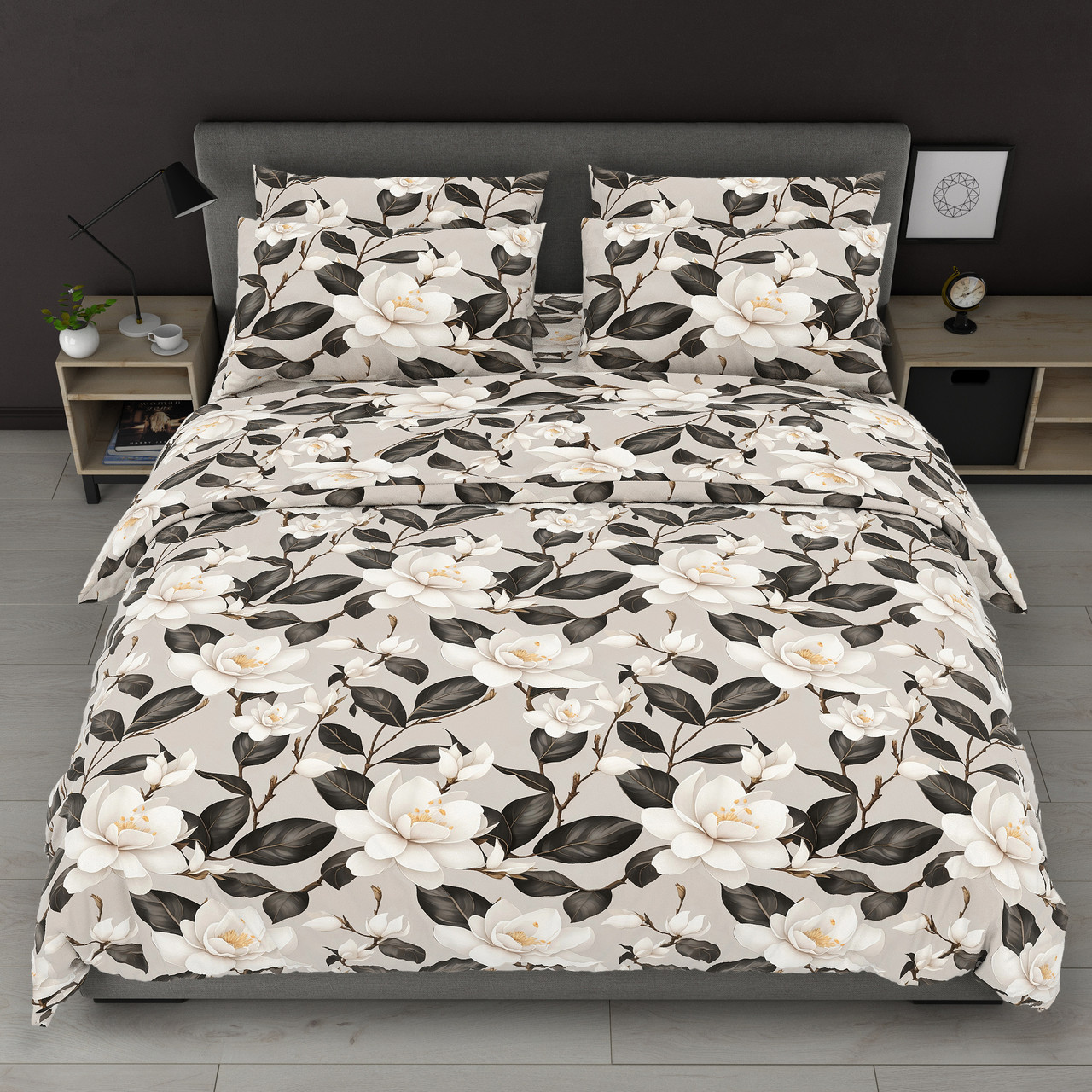 Підковдра на блискавці 145х215 (Бязь) | Полуторна підковдра від виробника "Королева Ночі" | Квіти на сіро-бежевому, фото 1