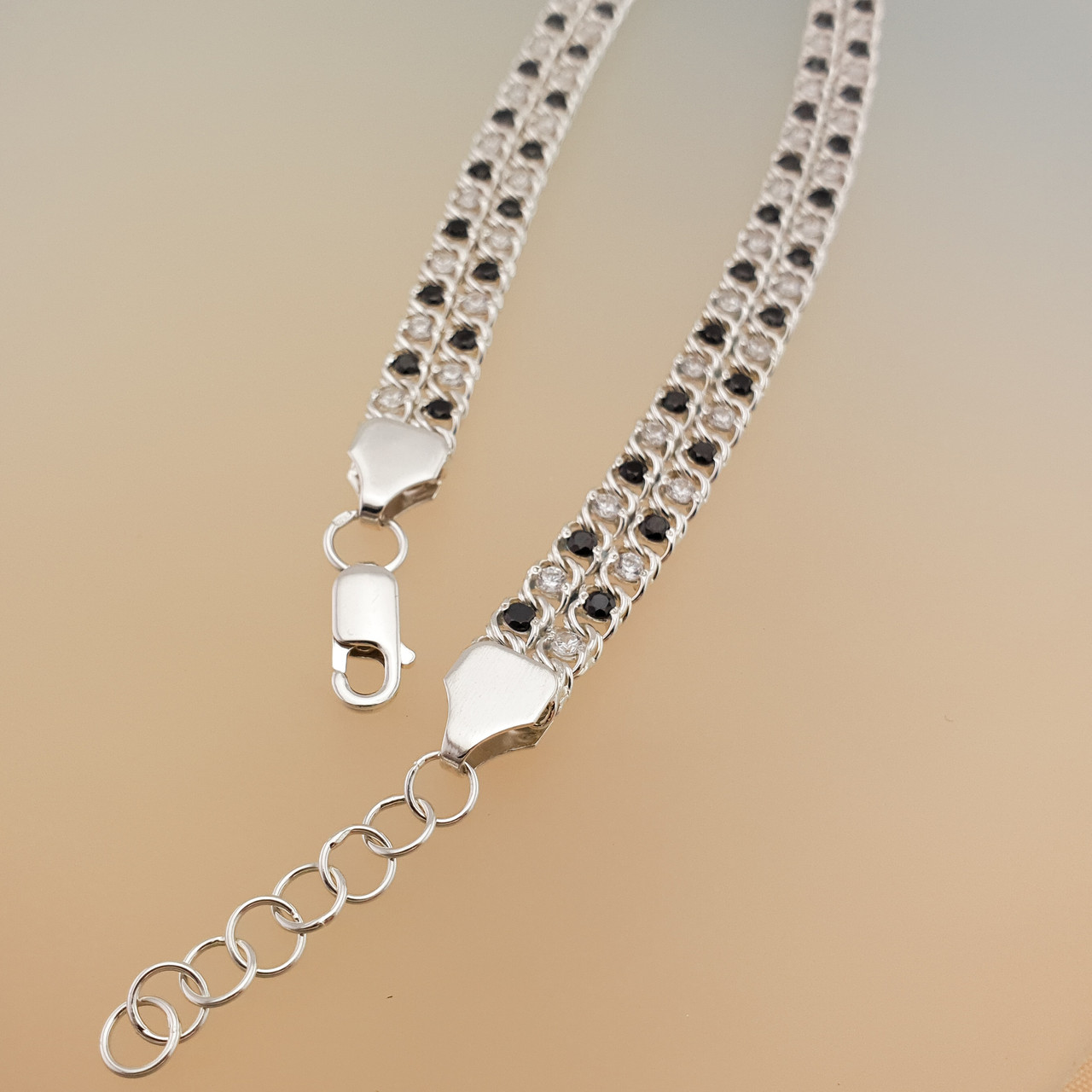 Жіночий срібний браслет подвійний арабський бісмарк з камінцями. регульований 17 - 20 см. Чорно-білий, фото 1