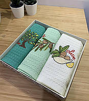 Подарочный набор полотенец вафельное полотно Турция 3 шт размер 40*60 см Олива