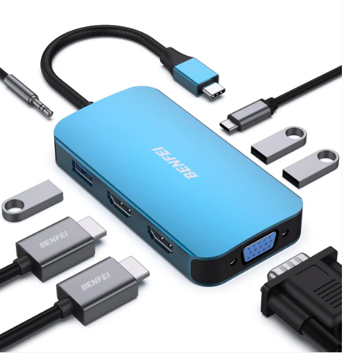USB-хаб, Док-станция, Переходник BENFEI USB-C MST HUB 8in1 with USB-C to 2*HDMI/1*VGA, to 3*USB 3.0/100W Power Delivery/3.5mm Aux