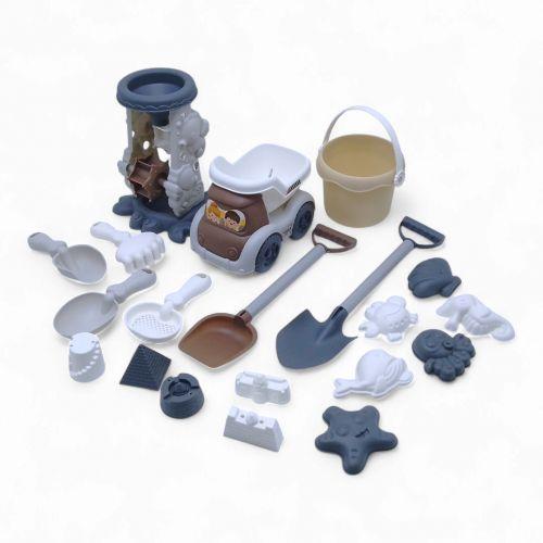 Пісочний набір - машинка самоскид, млин, граблі, лопатки, сито, граблі, відро, 11 формочок, в сітці, фото 1