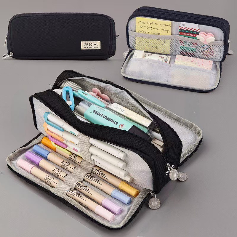 Косметичка пенал на блискавці містка. Пенал розкладний чорний на три відділення для школярів та студентів, фото 1