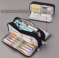 Косметичка пенал на блискавці містка. Пенал розкладний чорний на три відділення для школярів та студентів, фото 4