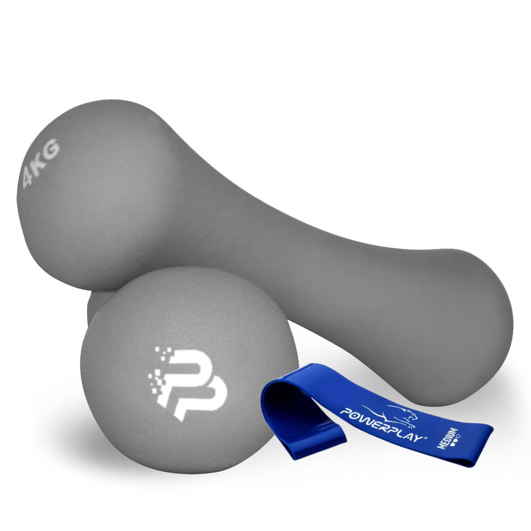 Гантелі для фітнесу PowerPlay PP_4126, неопренові, круглі, 2×4 кг, Сірі (набір 2 шт.)