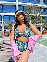 Стильний роздільний купальник з завязками на шиї, високі плавки, квітковий принт, батал великі розміри