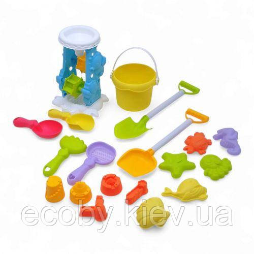 Пісочний набір 19 елементів — млин, граблі, сито, відерце, 2 великі лопатки, 2 маленькі лопатки, 11 формочок, фото 1