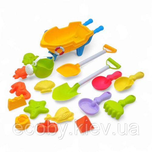 Пісочний набір — тачка 25 х 12 х 10 см, граблі, лопатки, сито, лійка, 10 формочок, фото 1