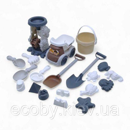 Пісочний набір 20 елементів — машинка самоскида, млин, лопатки, граблі, сито, відро, 11 формочок, фото 1