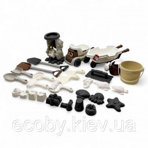 Пісочний набір (тачка, самоскид, відро, граблі, лопатка, сито, лійка, млин, валик, шпателі, 15 формочок), фото 1