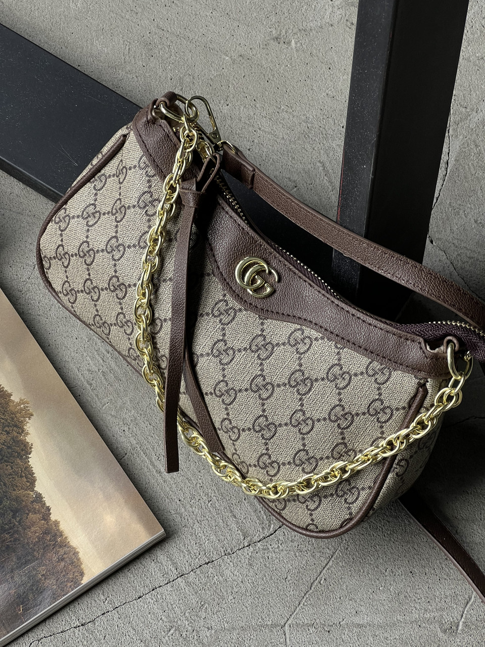 Сумка жіноча Gucci Ophidia mini bag коричневий Гуччі на плече з короткою ручкою, фото 1
