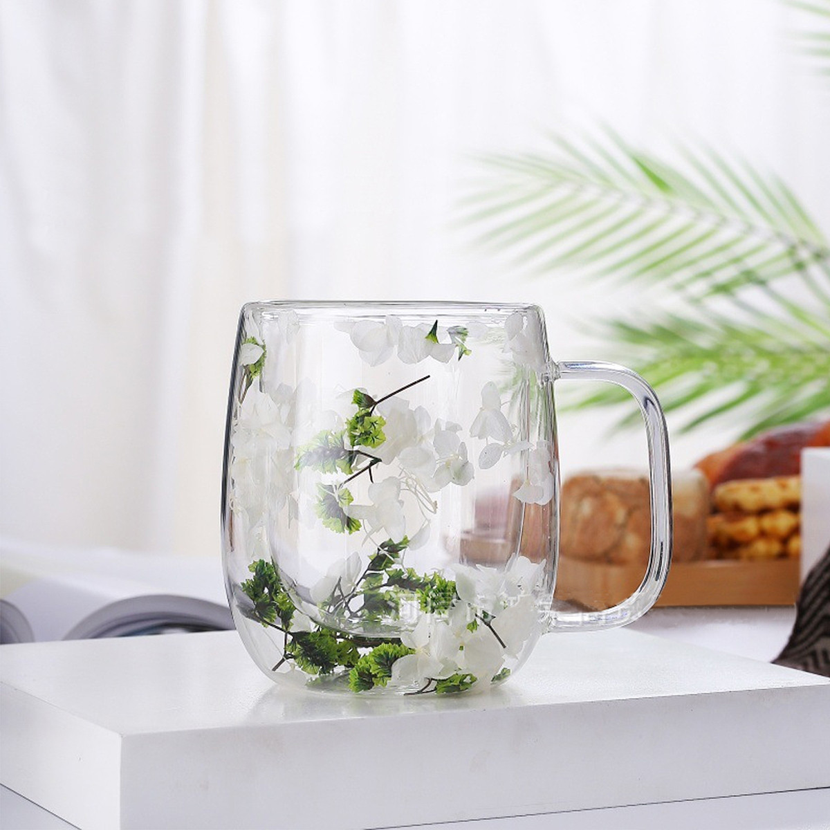 Набір скляних чашок із подвійними стінками, 2 шт.*250 мл. Сухоцвіти білі із зеленим