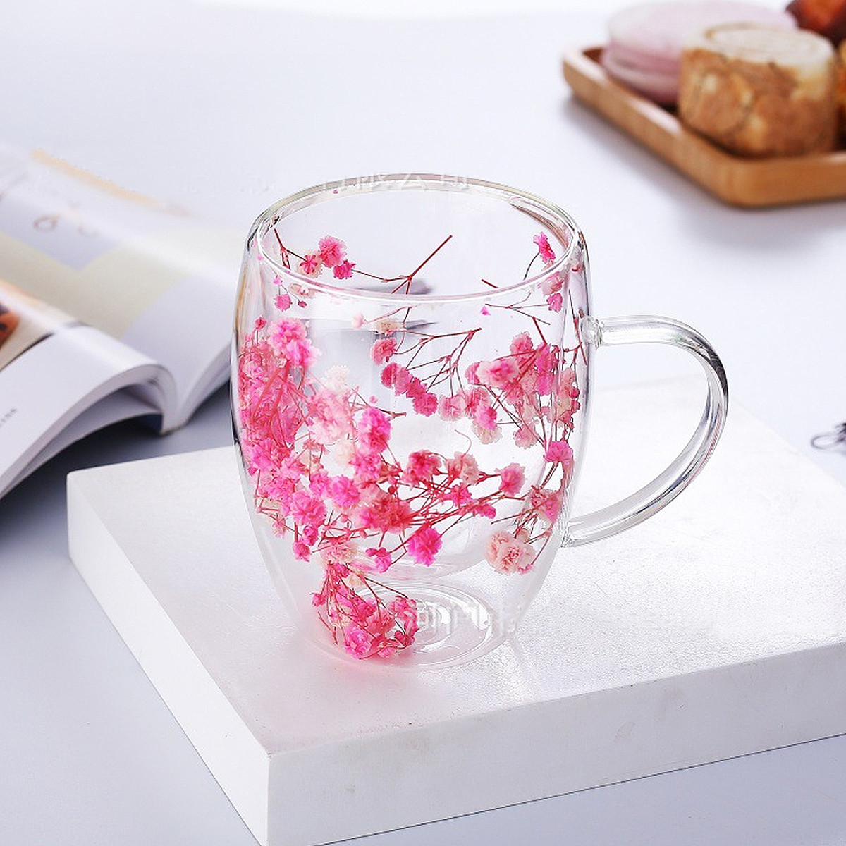 Набір скляних чашок із подвійними стінками, 2 шт. Сухоцвіти рожеві 350 мл, фото 1