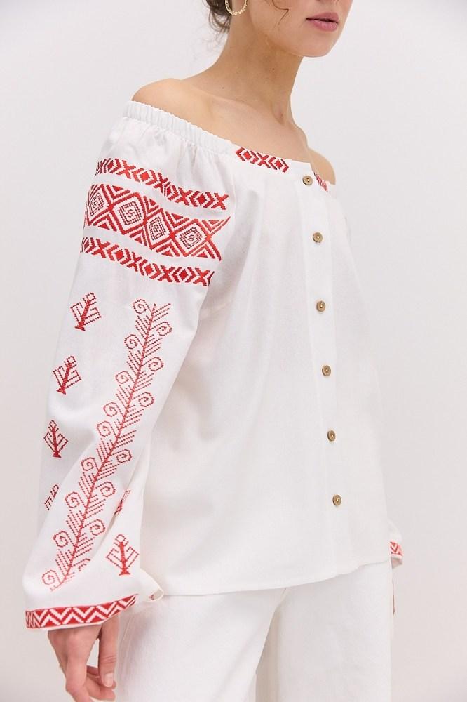 Жіноча вишиванка з відкритими плечима в різних кольорах із геометрією гладдю, фото 1