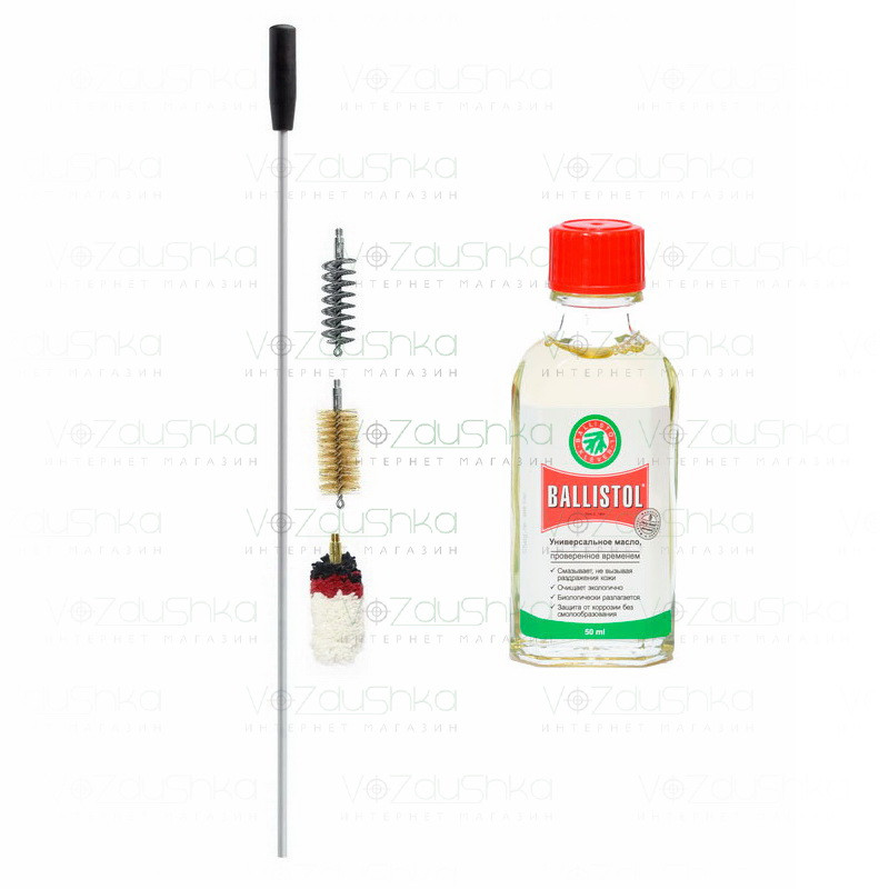 Комплект для чищення 16 калібру з шомпола (цілісний алюмінієвий 900 мм) + 3 йоржа + Ballistol 50 ml скло