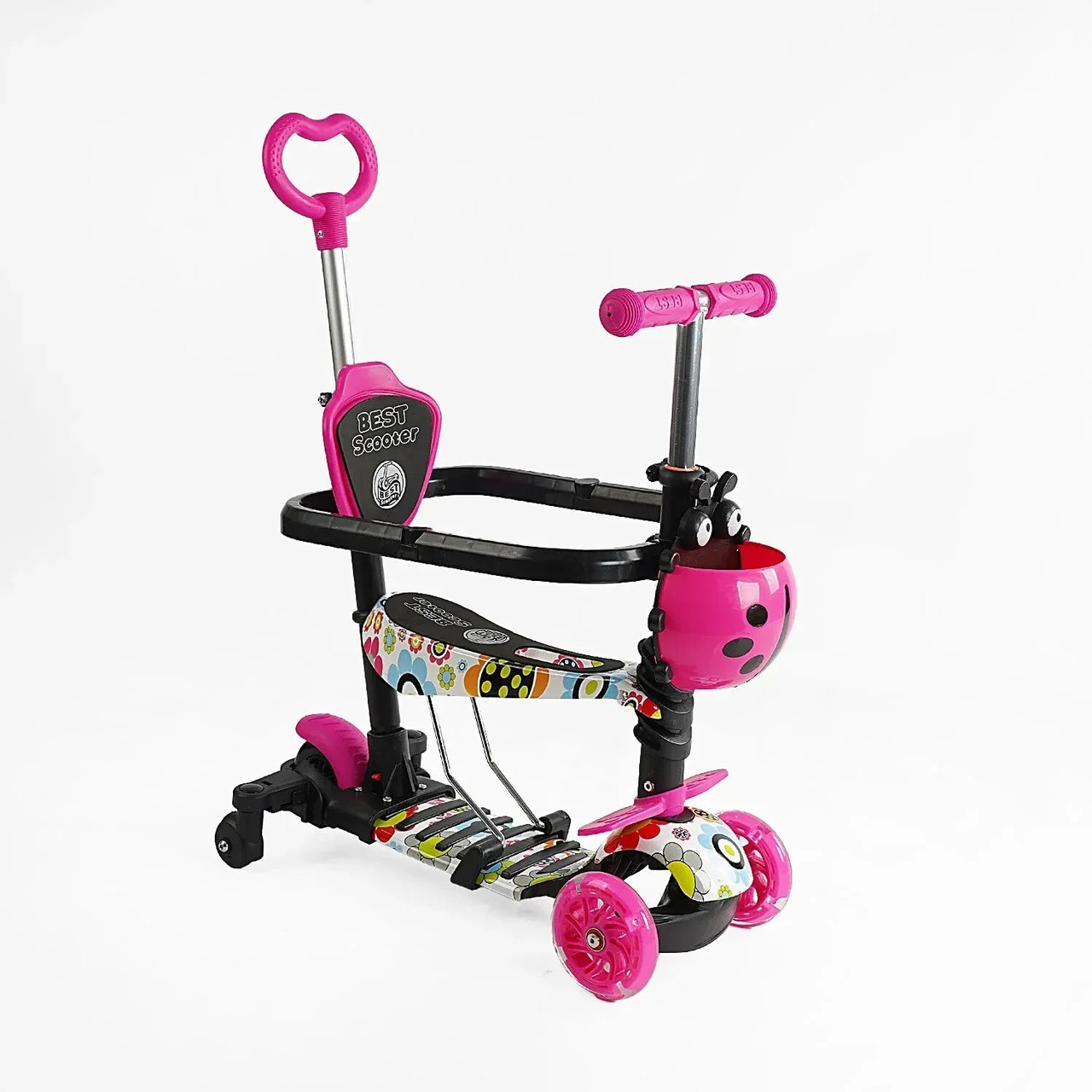 Дитячий самокат 5в1 Best Scooter LS-75160 рожевий з абстракцією батьківська ручка захисний бортик, фото 1