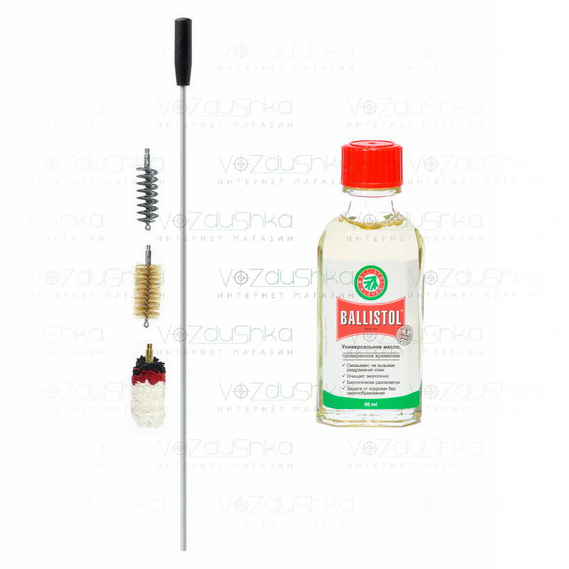 Комплект для чищення 12 калібру з шомпола (цілісний алюмінієвий 600 мм) + 3 йоржа + Ballistol 50 ml скло