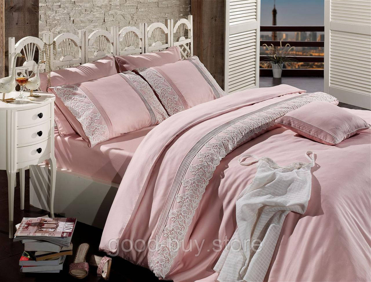 Постільна білизна Maison D&#039;or Gloria Rose 200x220см сатин з мереживом